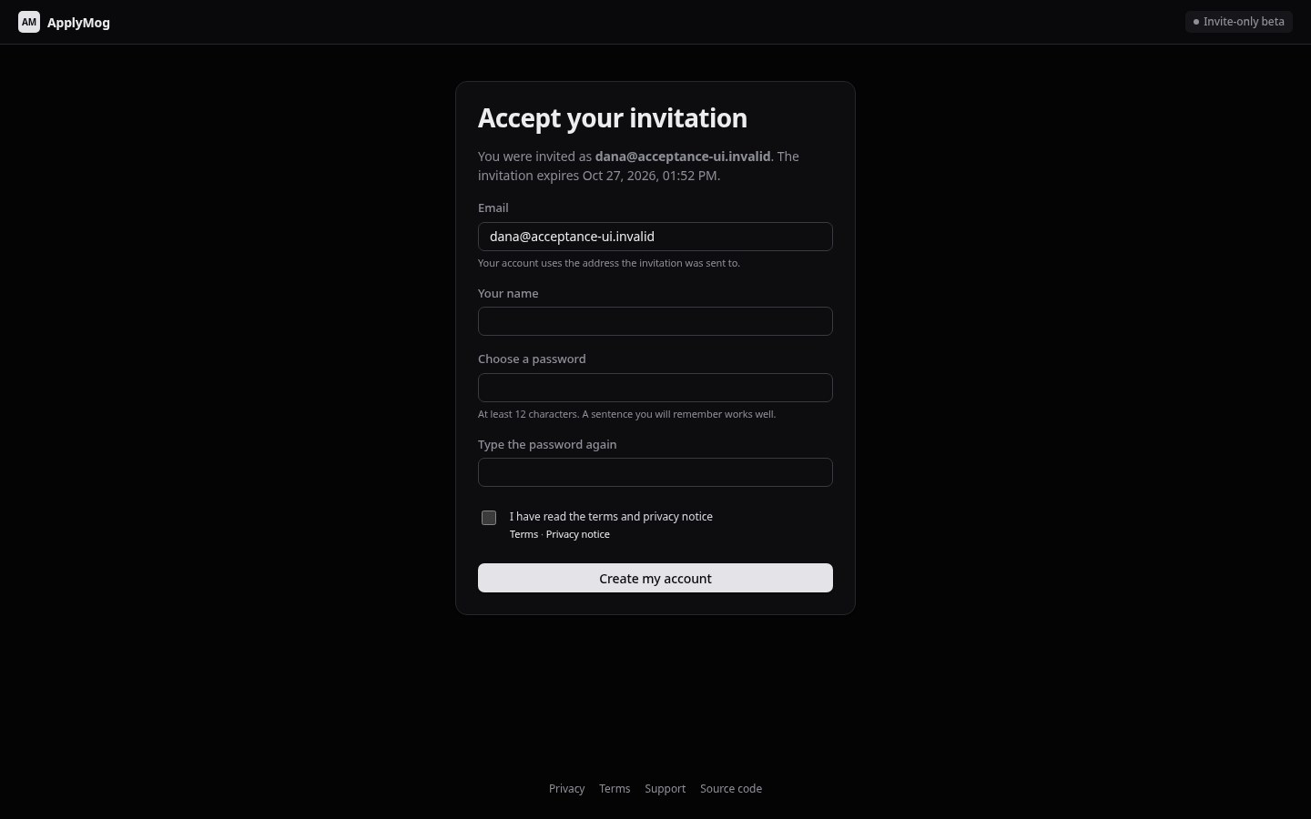 The invitation page: name, password and the terms