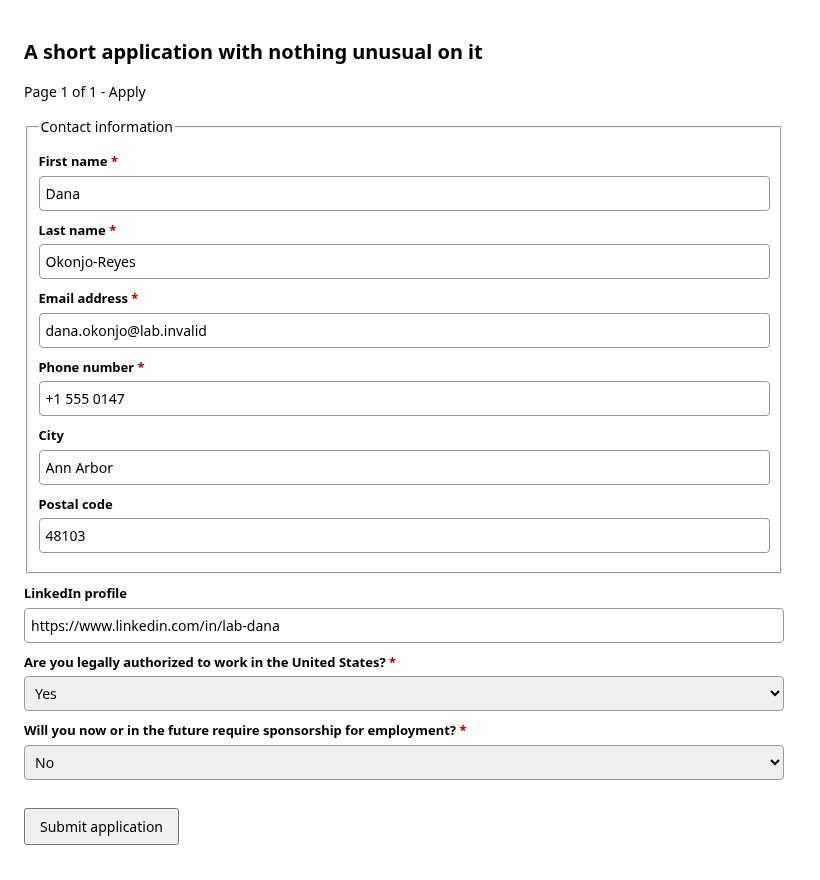 An application form after Autofill: contact details, LinkedIn and work authorisation filled from the profile
