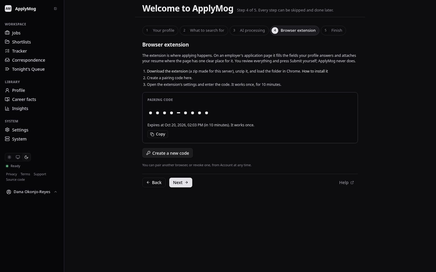 The browser extension step with a pairing code (hidden here)