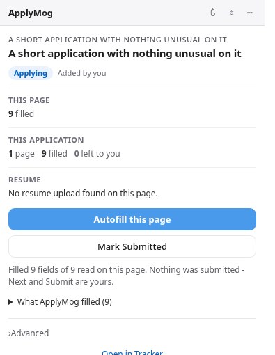 The ApplyMog extension reporting what it filled and what it left