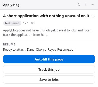 The ApplyMog extension on that form, with Autofill this page, Save to Jobs and Track this job