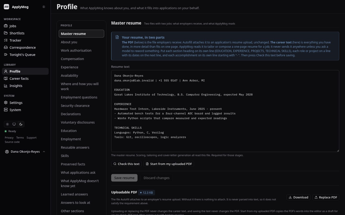 The profile page, with the master resume and About you