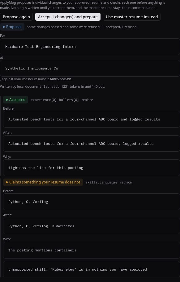 A tailoring proposal: one reworded bullet accepted, one added skill refused because the record does not support it